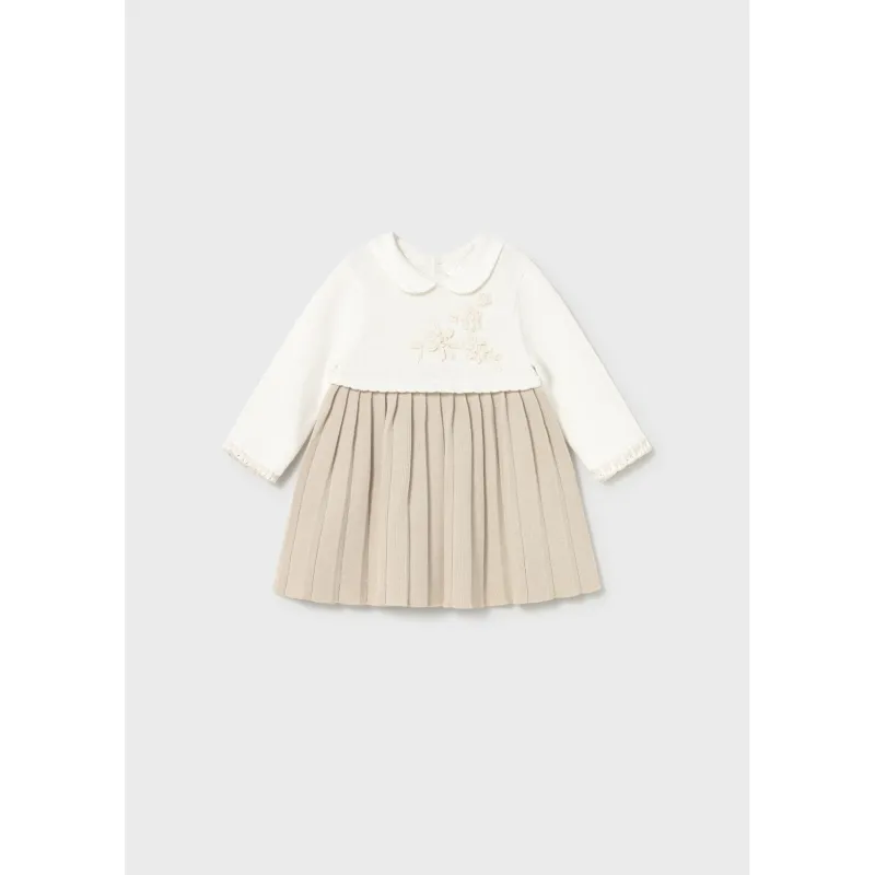 BEIGE & OFF WHITE KNIT DRESS PLEATED EMBROIDERED FLOWERS / 2804-026