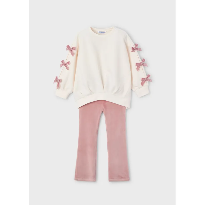 2PC CREAM & PINK TOP & VELOUR LEGGING PINK VELVET BOW TRIM / 4725-041