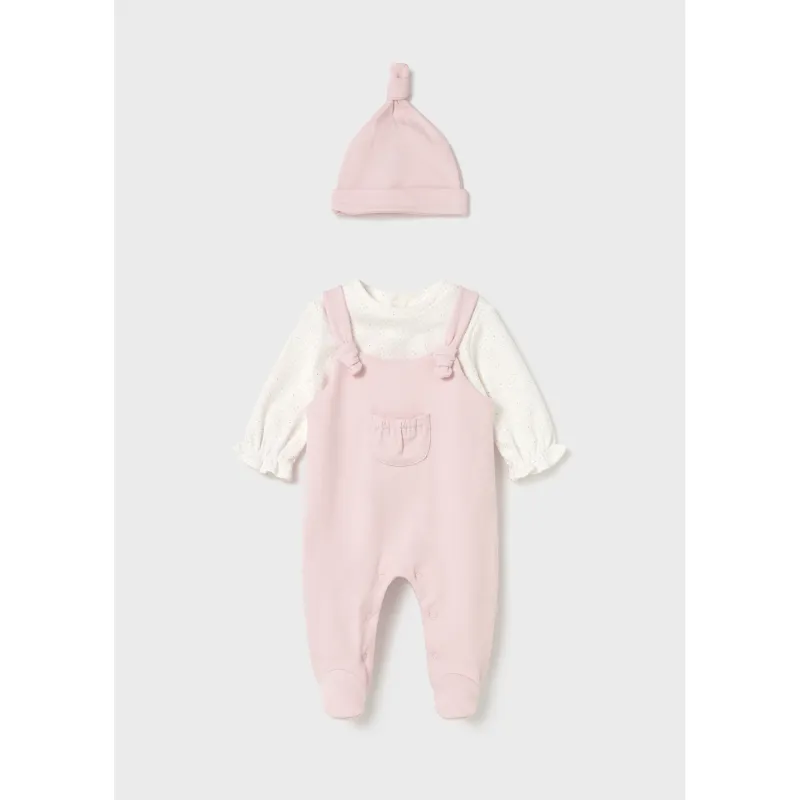 2PC ROSE PINK BODYSUIT AND HAT CREAM DOTTED IMITATION TSHIRT / 2602-022