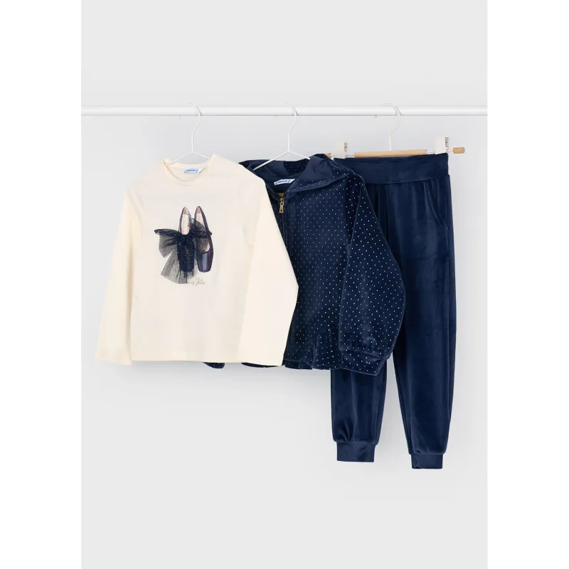 P10186MAY / 4892-061 3PC NAVY VELOUR TRACKSUIT CREAM TSHIRT GOLD DOT PATTERN