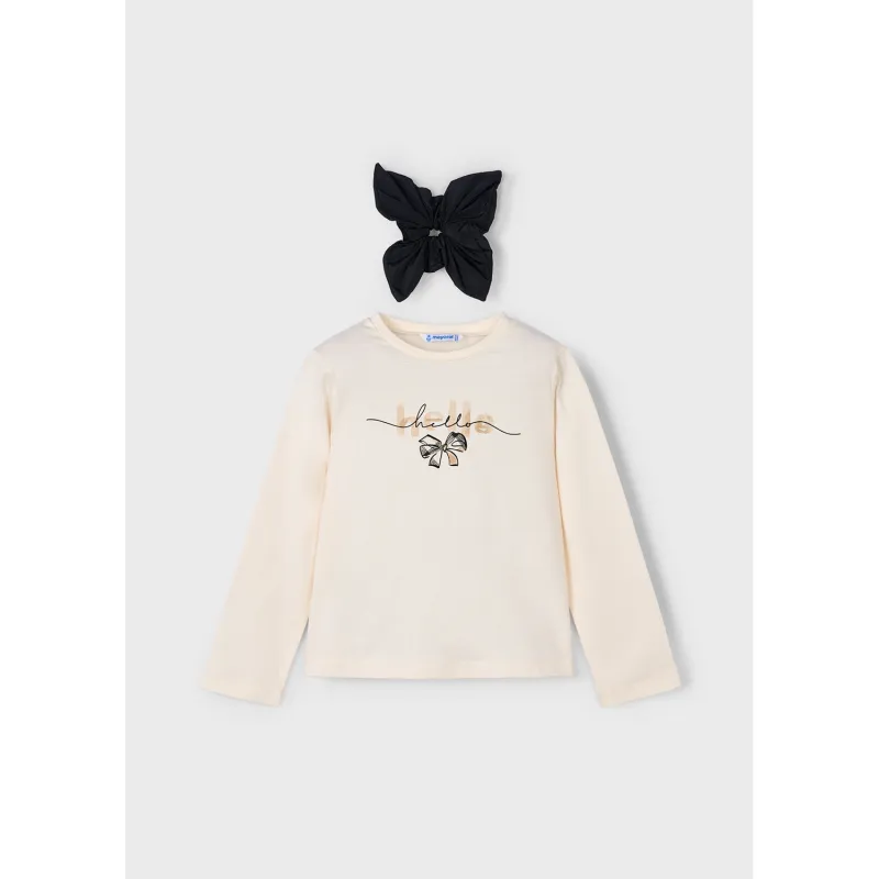 P10170MAY / 4008-059 2PC BEIGE TSHIRT BLACK SCRUNCHIE BOW PRINT