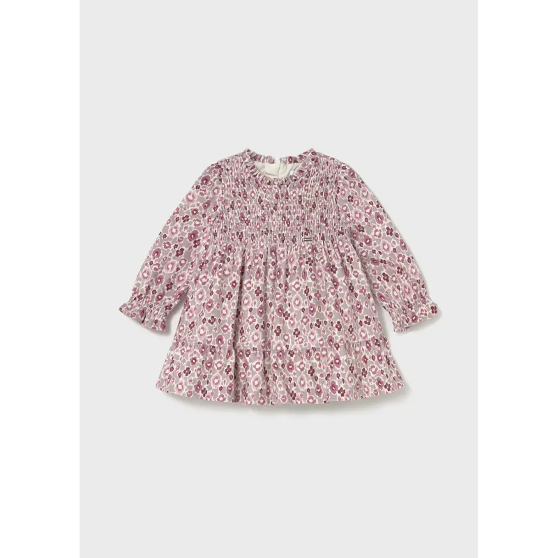 PINK PRINTED VELVET DRESS SMOCKED FRONT LONG SLEEVE / 2909-025