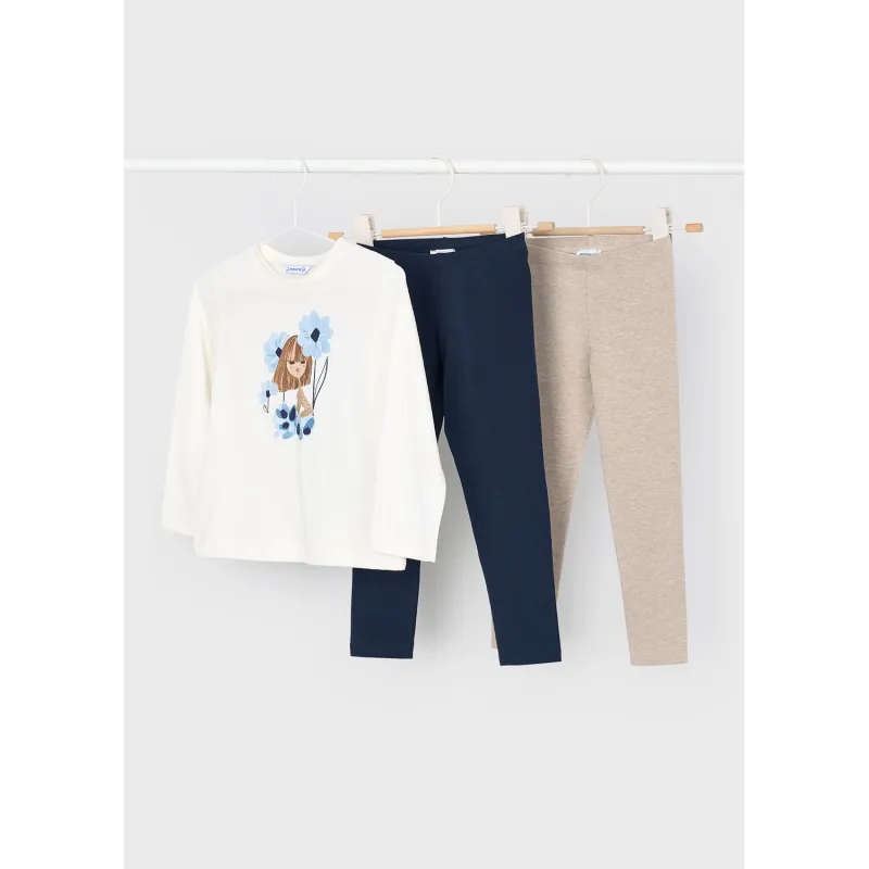 P10184MAY / 4724-046 3PC CREAM & NAVY LEGGING SET GIRL PRINT