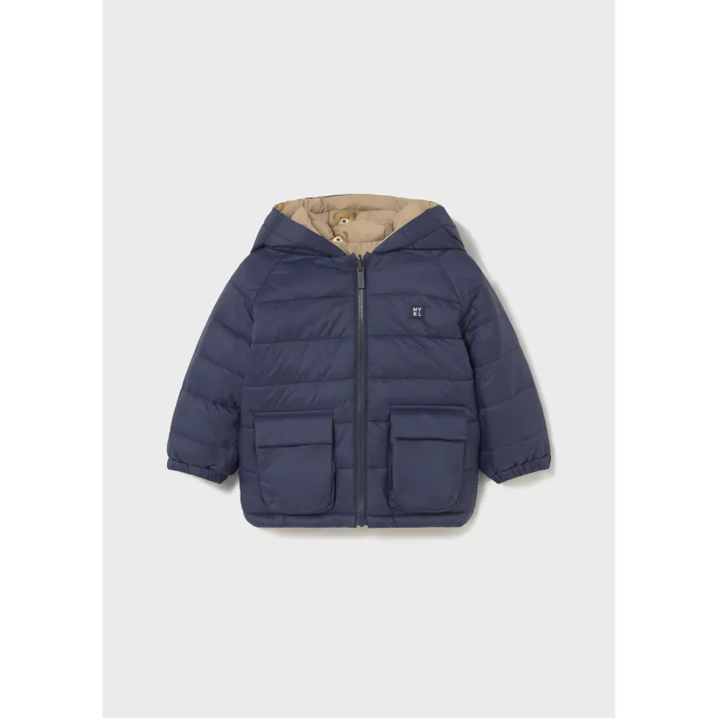 BLUE REVERSIBLE COAT HOODED BROWN BEAR PRINT 2POCKETS / 2420-039