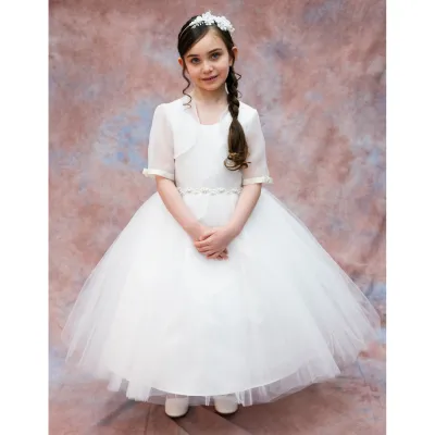 DRESS IVORY SATIN BODICE TULLE SKIRT BOW & PEARL / RHINESTONE TRIM / 4324