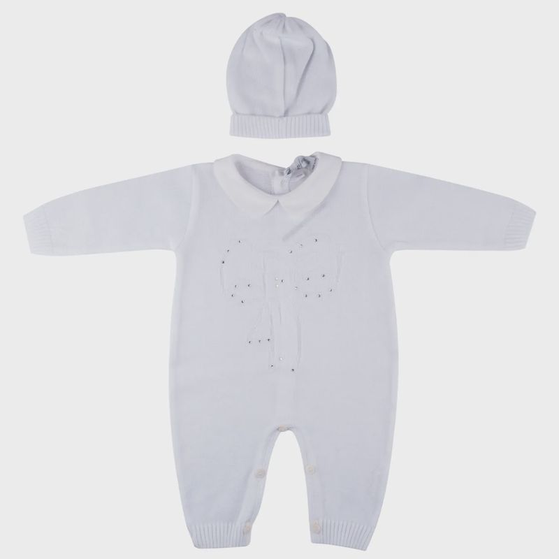 ROMPER & HAT WHITE CRYSTALS TRIM KNIT / 7200 ROMPER & HAT WHITE CRYSTALS TRIM KNIT / 7200
