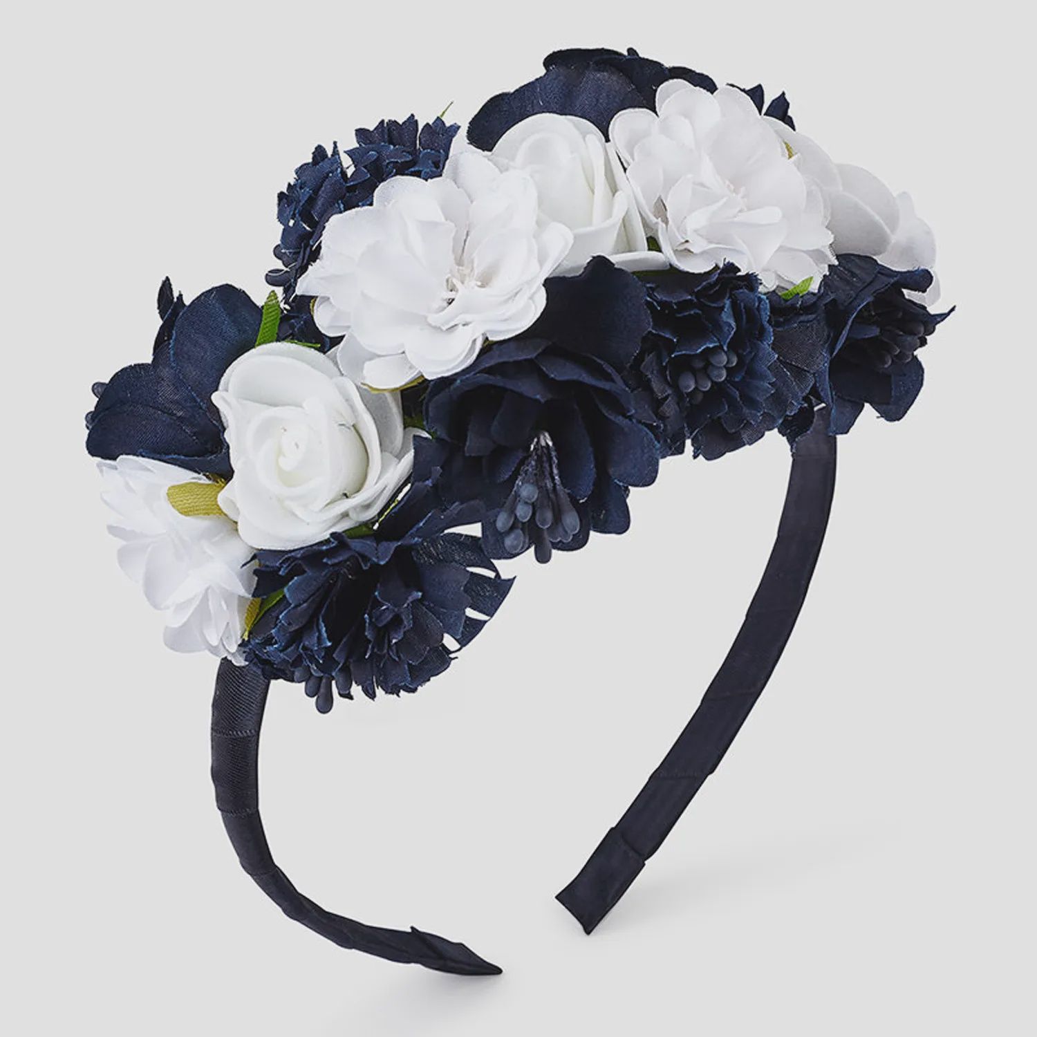 NAVY HEADBAND HARD FLOWER TRIM / 10797