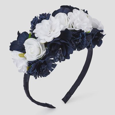 NAVY HEADBAND HARD FLOWER TRIM / 10797