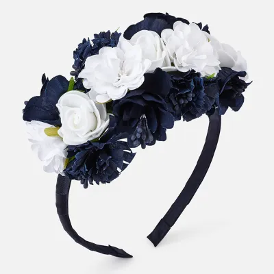 NAVY HEADBAND HARD FLOWER TRIM / 10797