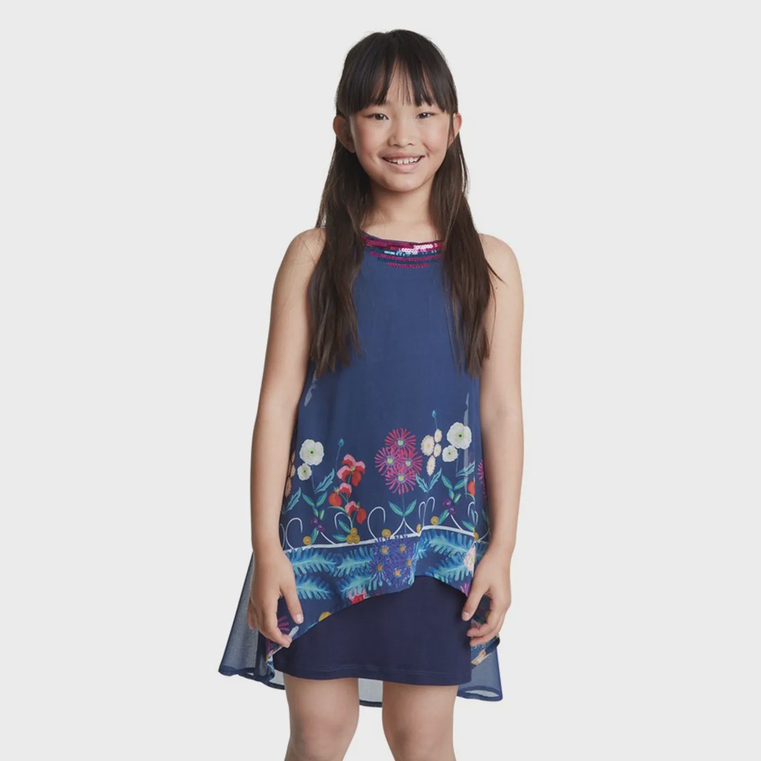 DRESS NAVY PRINTED CHIFFON RED SEQUIN TRIM / GVW08 DRESS NAVY PRINTED CHIFFON RED SEQUIN TRIM / GVW08
