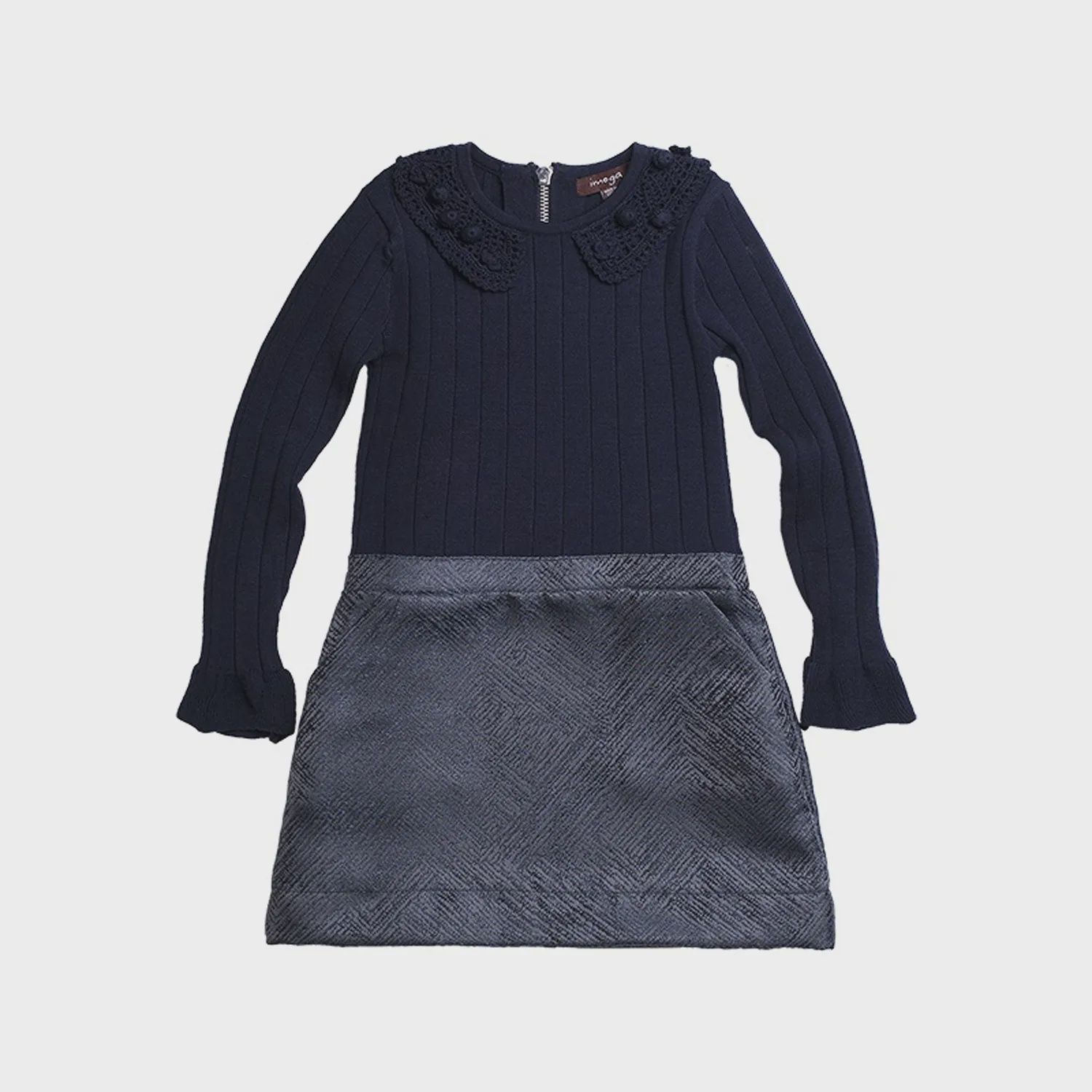 ROSE DRESS NAVY KNIT BODICE CROCHET COLLAR
