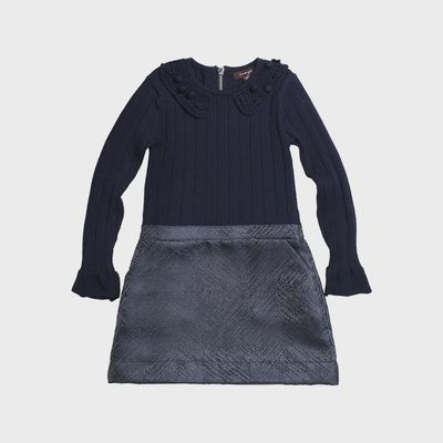 ROSE DRESS NAVY KNIT BODICE CROCHET COLLAR