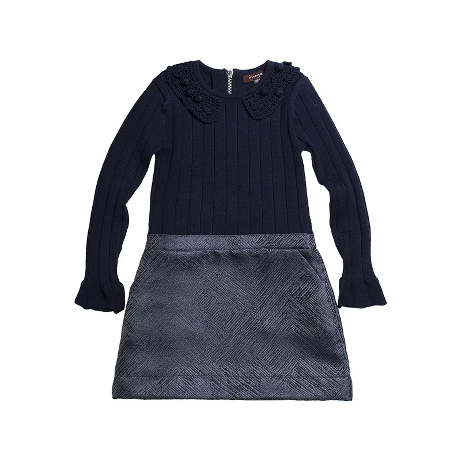 ROSE DRESS NAVY KNIT BODICE CROCHET COLLAR