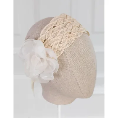 RAFFIA HEADDRESS CREAM CHIFFON FLOWER APPLIQUE / 5457