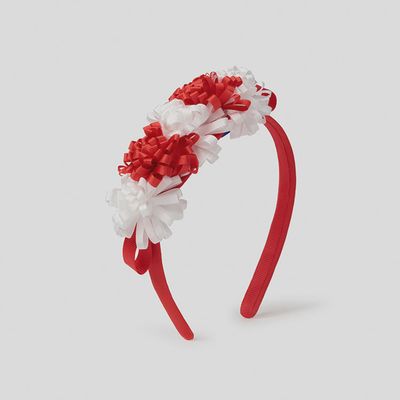 HEADBAND RED & WHITE RIBBON FLOWER TRIM BABY / 10029