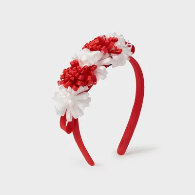 HEADBAND RED & WHITE RIBBON FLOWER TRIM BABY / 10029