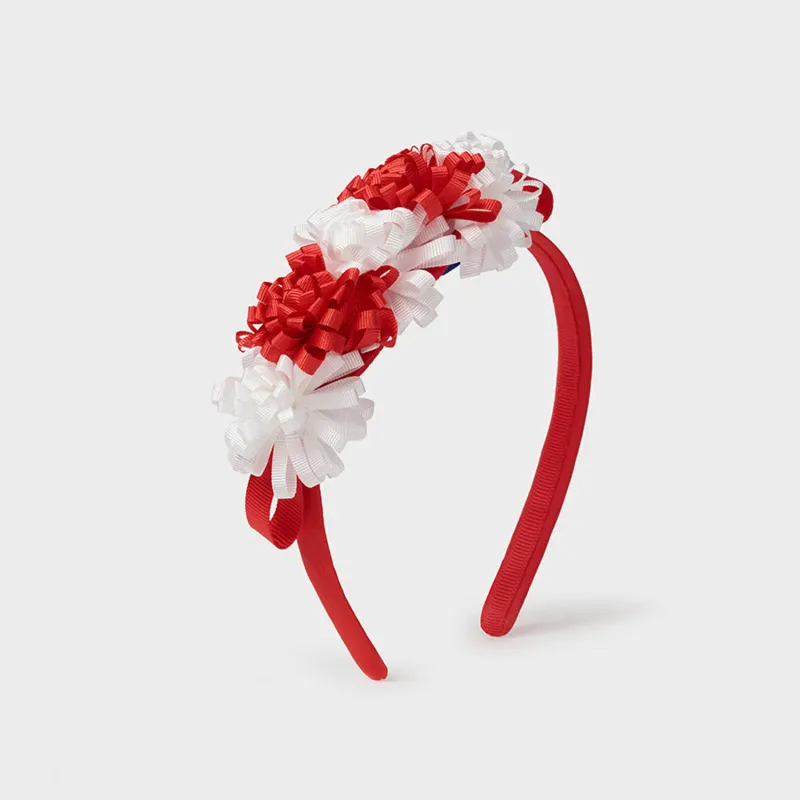 HEADBAND RED & WHITE RIBBON FLOWER TRIM BABY / 10029