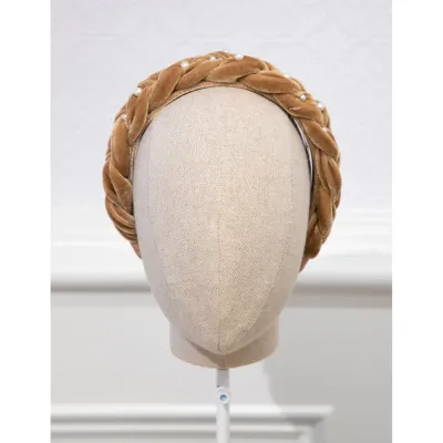 HEADBAND BROWN BRAIDED PEARL TRIM / 5926