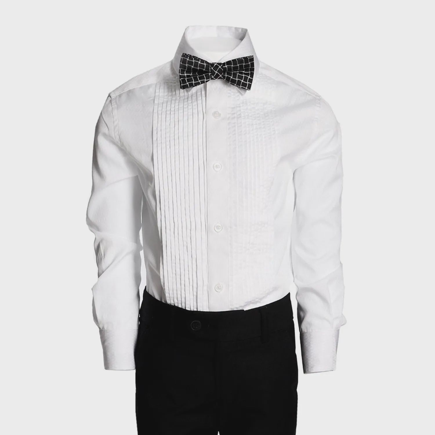 TUXEDO SHIRT WHITE PLEATED FRONT TONE ON TONE PRINT / W8TUXS