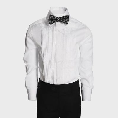 TUXEDO SHIRT WHITE PLEATED FRONT TONE ON TONE PRINT / W8TUXS