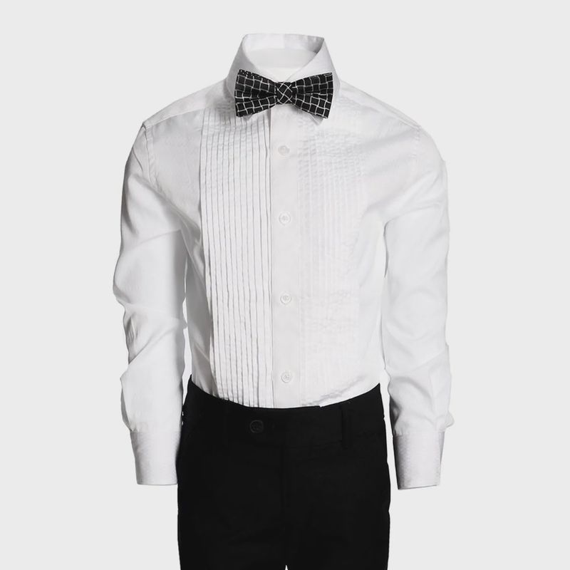 TUXEDO SHIRT WHITE PLEATED FRONT TONE ON TONE PRINT / W8TUXS