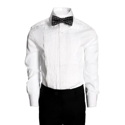 TUXEDO SHIRT WHITE PLEATED FRONT TONE ON TONE PRINT / W8TUXS