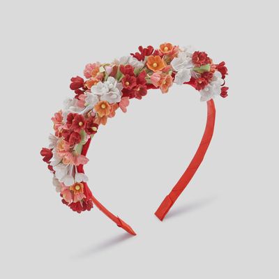 HEADBAND HARD RED WHITE & ORANGE & RED FLOWER TRIM / 10069