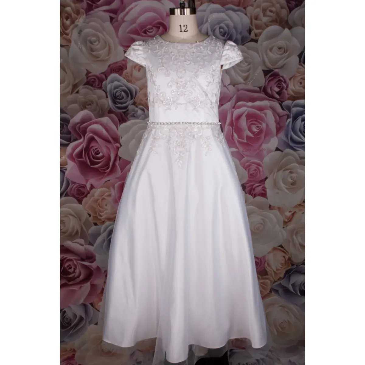 DRESS WHITE 1818H SATIN & TULLE BEADED BODICE PEARL WAISTBAND / 1818H