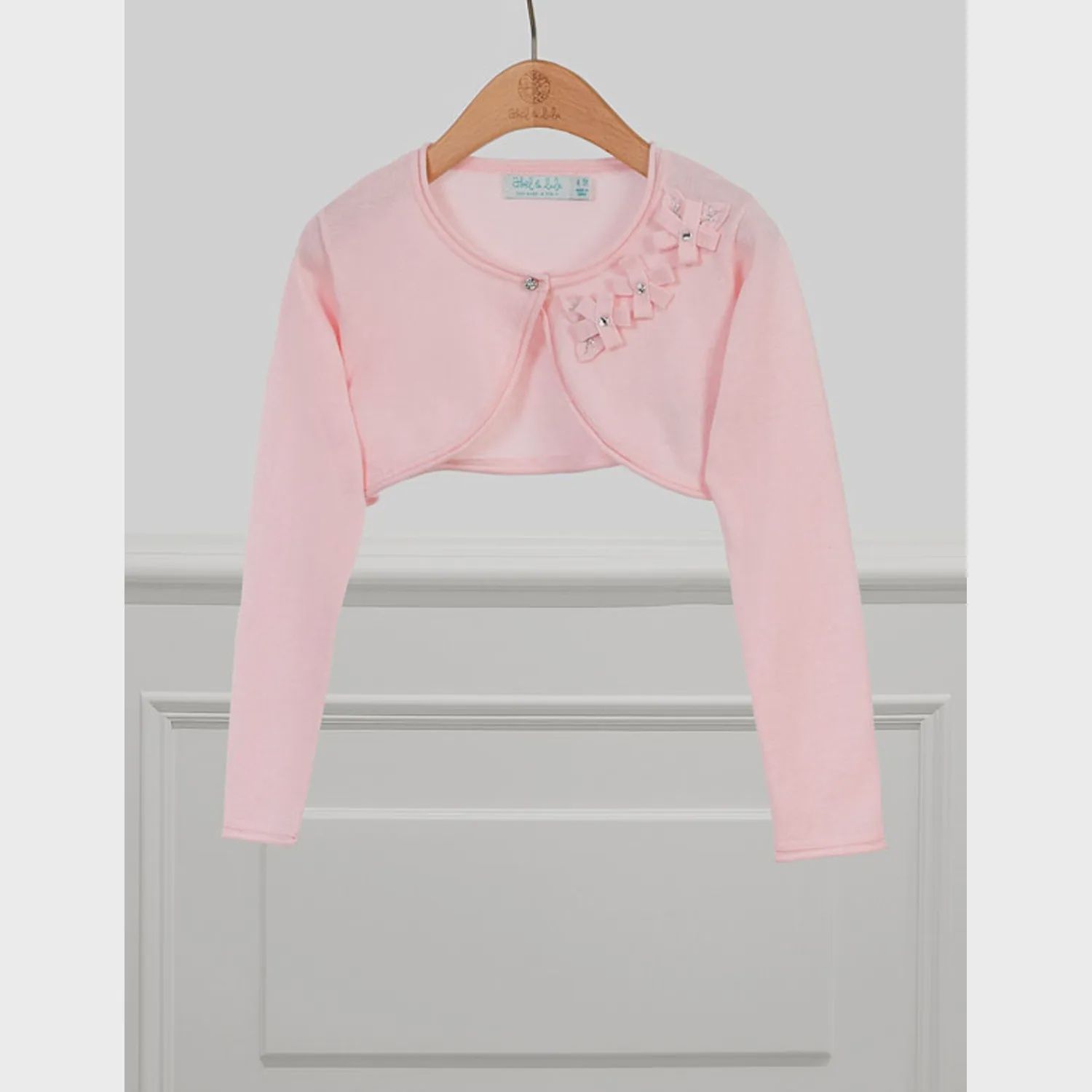 CARDIGAN PINK KNIT RHINESTONE BUTTON & BOW TRIM / 5320
