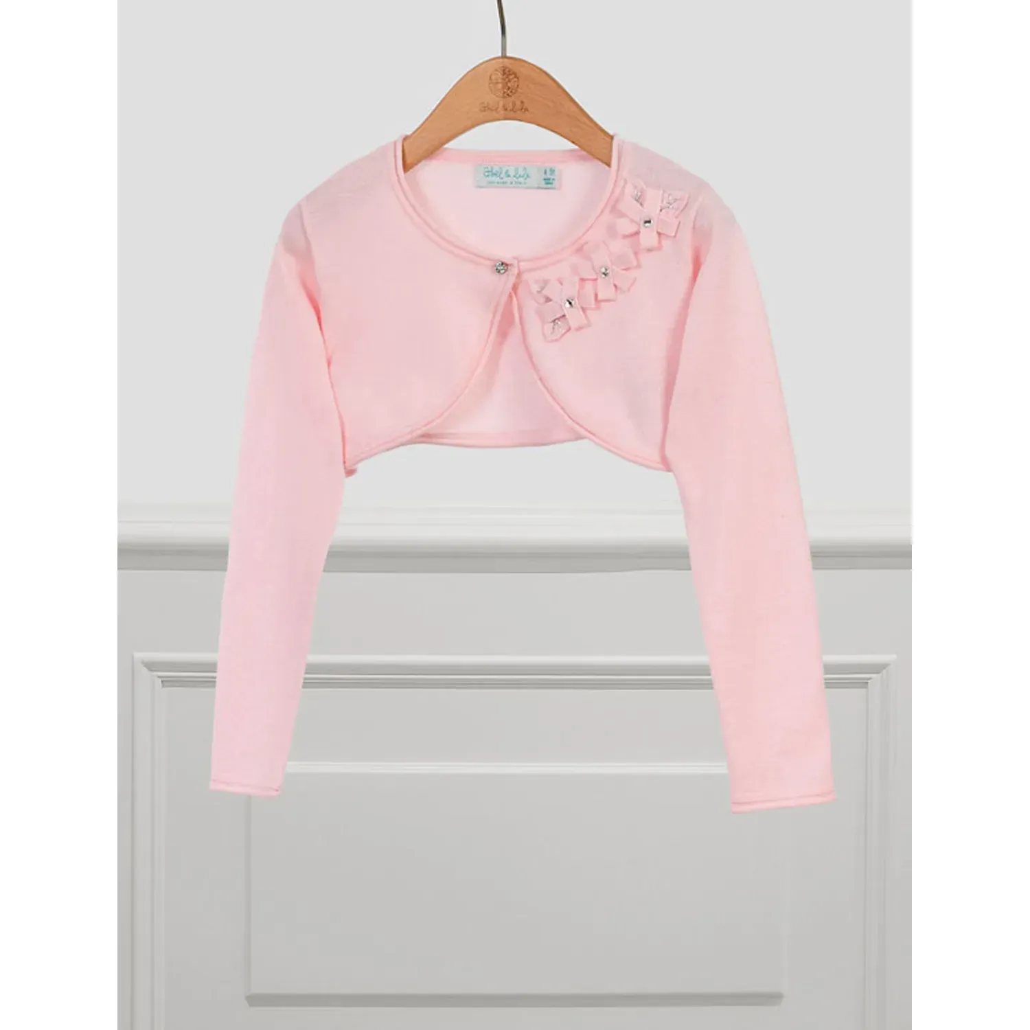 CARDIGAN PINK KNIT RHINESTONE BUTTON & BOW TRIM / 5320