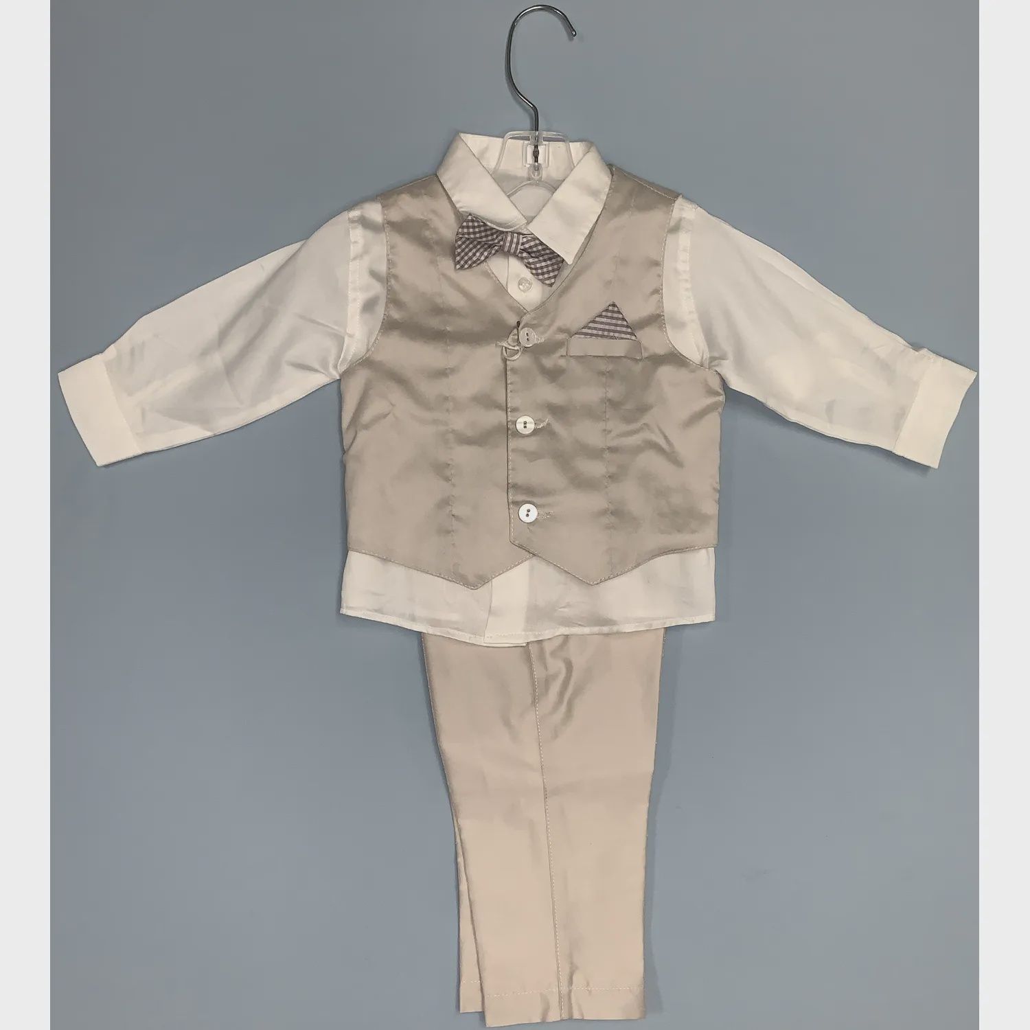 4PC VEST SET BEIGE & WHITE SHIRT CHECK BOWTIE & PUFF / M30661G