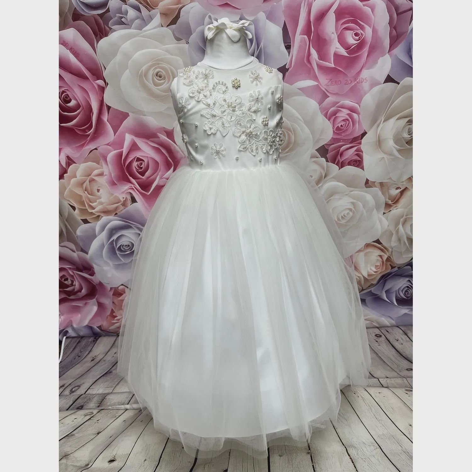 DRESS IVORY PEARL & LACE BODICE TULLE SKIRT LONG / 8168L