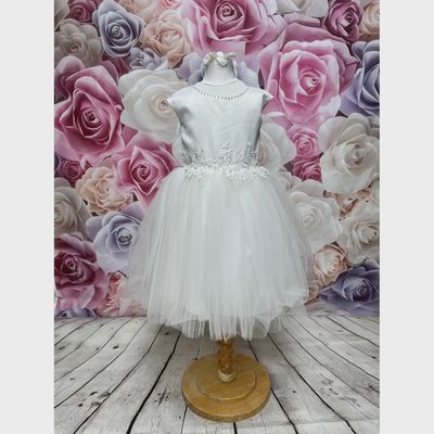 DRESS SHORT IVORY PEARL NECKLINE LACE FLOWER & PEARL WAISTBAND TRIM / 8175S