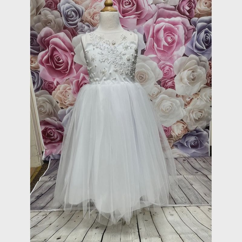 DRESS WHITE LONG PEARL & LACE BODICE TULLE SKIRT / 8168L