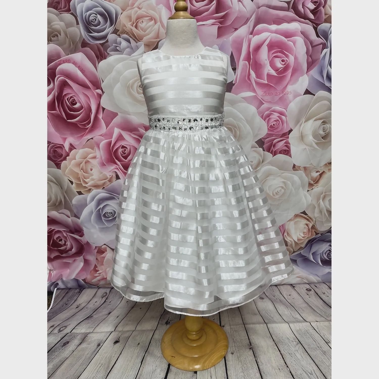 DRESS IVORY ORGANZA STRIPE SKIRT JEWELLED BODICE / 8153