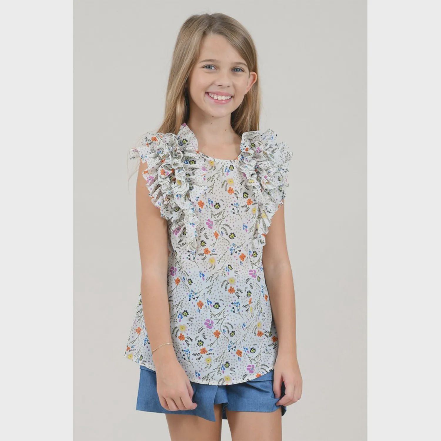 TUNIC TOP WHITE GARDEN FLOWERS PRINT RUFFLE TRIM / R1444P TUNIC TOP WHITE GARDEN FLOWERS PRINT RUFFLE TRIM / R1444P