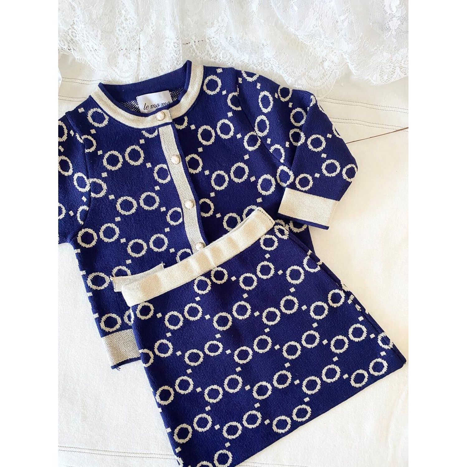 2 PC KNIT CARDIGAN SKIRT SET DARK BLUE SILVER CIRCLES PRINT & TRIM / 321L4017