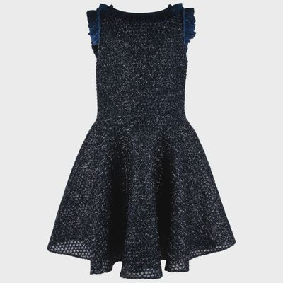 DRESS NAVY NETTING SILVER SPARKLE RUFFLE NECKLINE TRIM / 5109A