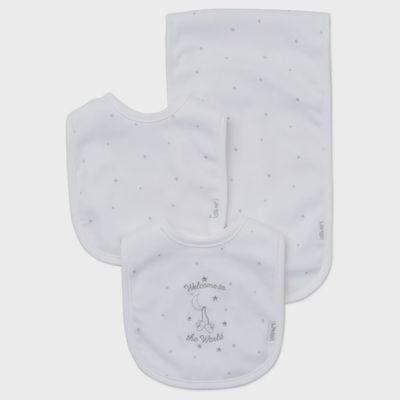 3 PC BIB & BURPER SET WHITE WELCOME TO THE WORLD / LB404034N