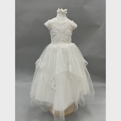 GOWN OFF WHITE SILVER LACE BODICE & TULLE SKIRT APPLIQUE LAYERS / 2075-1