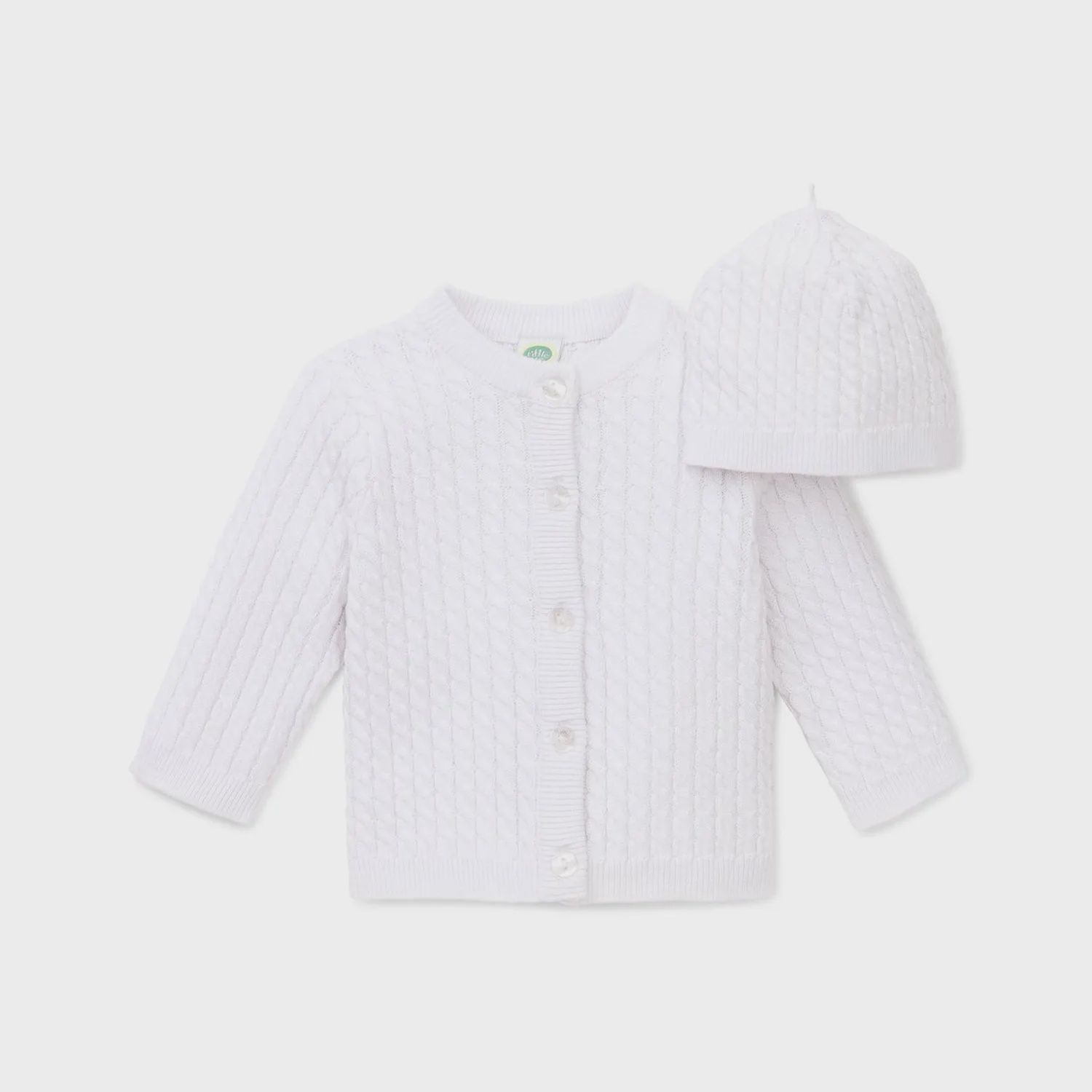 2 PC CARDIGAN & HAT KNIT WHITE CABLE STITCH / LLE00335N