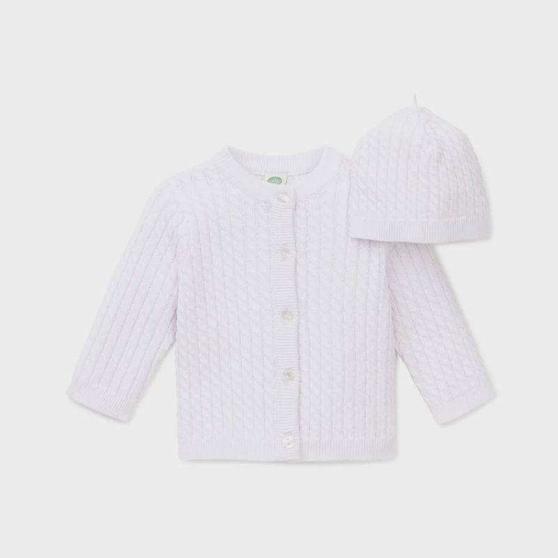 2 PC CARDIGAN & HAT KNIT WHITE CABLE STITCH / LLE00335N