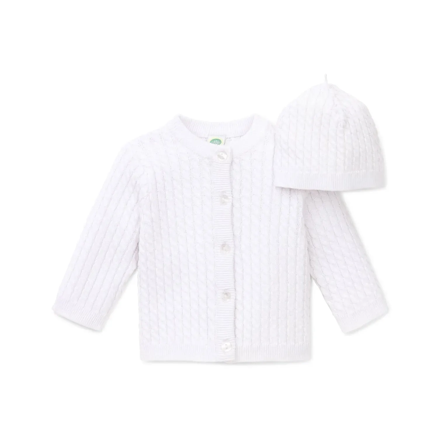 2 PC CARDIGAN & HAT KNIT WHITE CABLE STITCH / LLE00335N