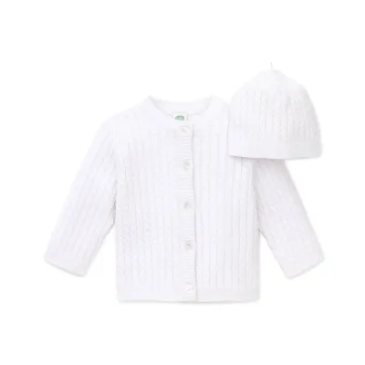 2 PC CARDIGAN & HAT KNIT WHITE CABLE STITCH / LLE00335N