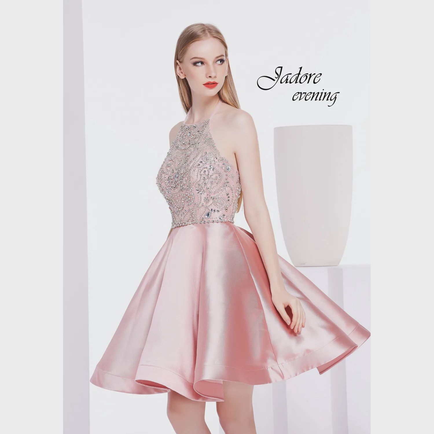 DRESS HALTER DUSTY PINK JEWEL TOP SATIN SKIRT TIEBANK / J14087