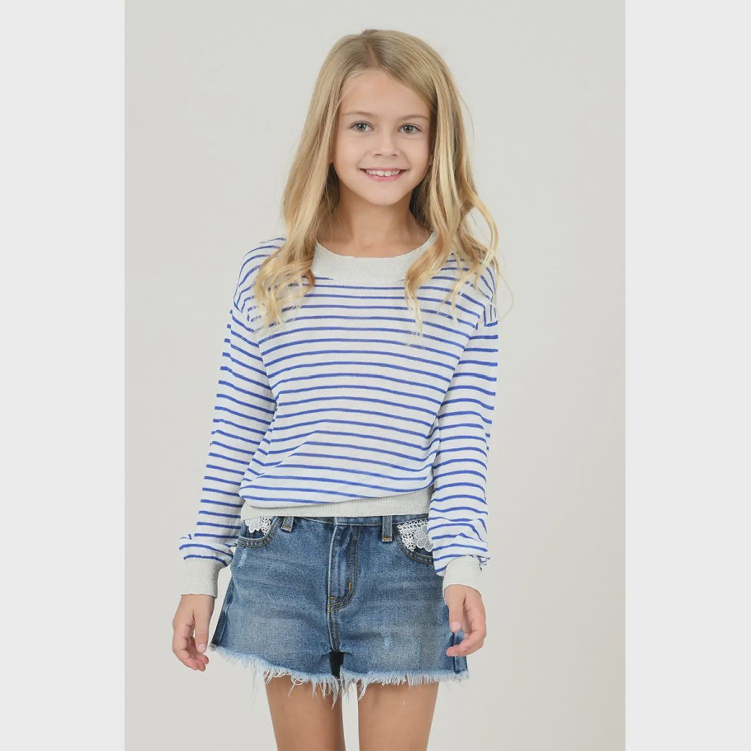 SWEATER BLUE STRIPED GOLD SPARKLE TRIM LONG SLEEVE / E1082P20