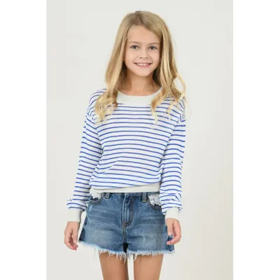 SWEATER BLUE STRIPED GOLD SPARKLE TRIM LONG SLEEVE / E1082P20