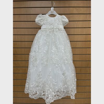 GOWN & BONNET OFF WHITE SILVER EMBROIDERED TULLE FLORAL / 18135U
