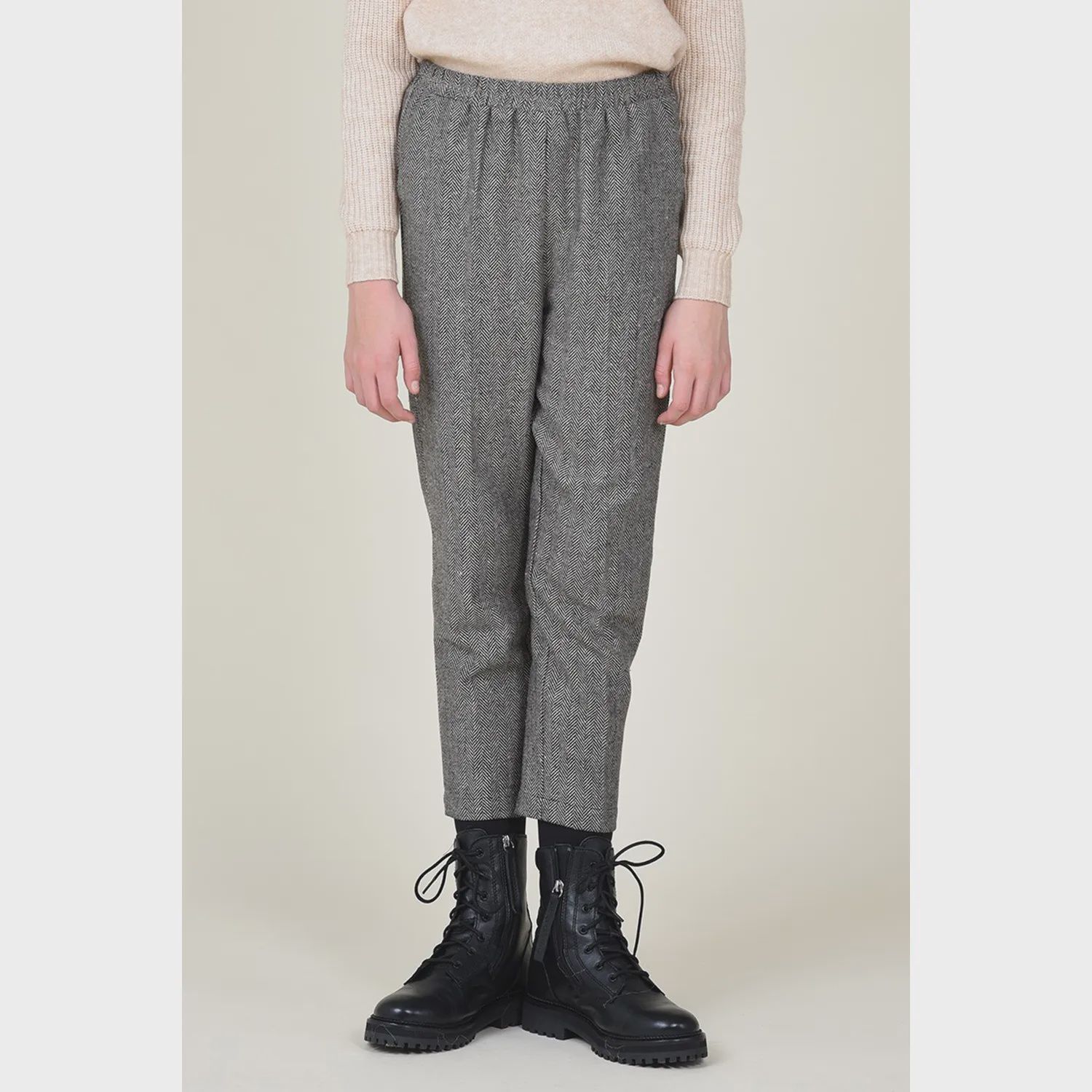 PANT BEIGE & BLACK HERRINGBONE PATTERN ELASTIC WAIST / MMT1397A21