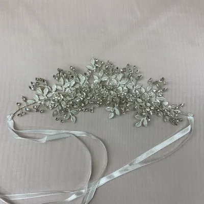 HEADBAND HAIRPIECE SMALL SILVER PEARLS & RHINESTONES